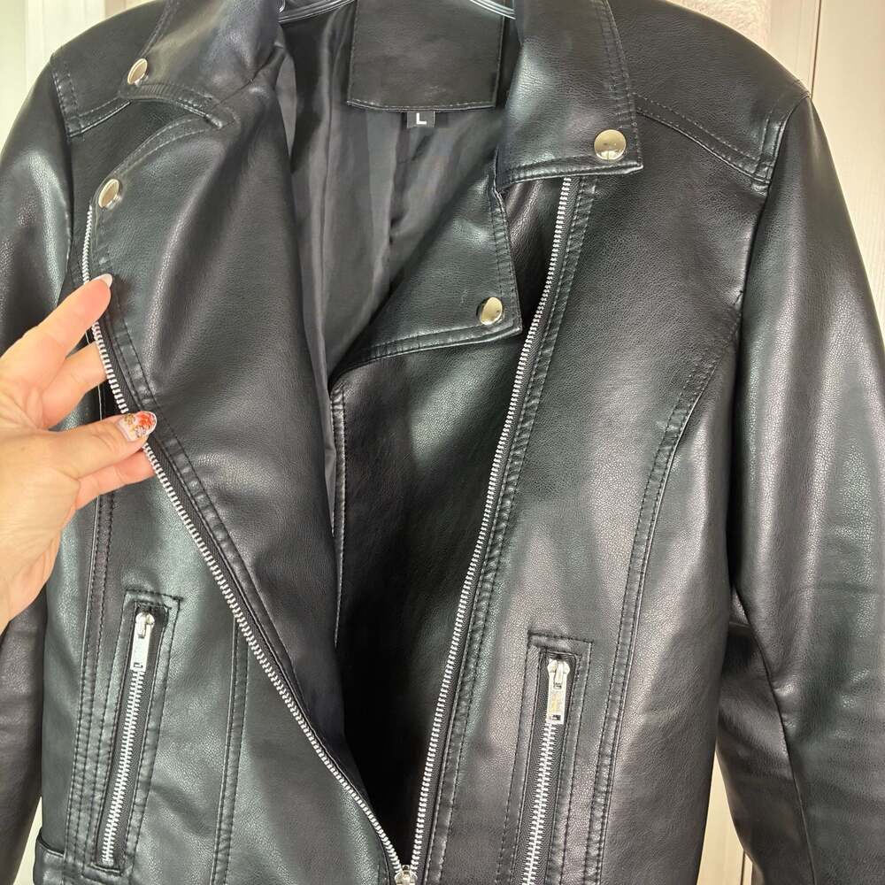 SHEIN Black Faux Leather Cropped Moto Biker Jacket Size Large - Picture 5 of 9